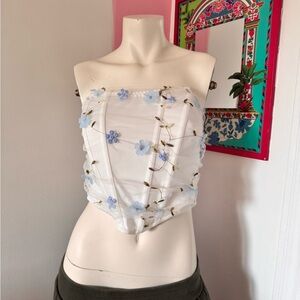Women’s White Strapless Sleeveless Corset with Blue Flower Decals Top